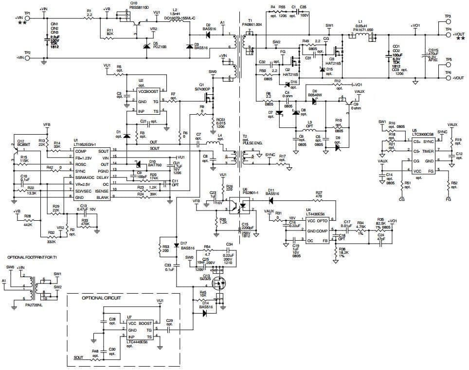 DC1317A-A, Demo Board using the LT1952EGN-1, Vin=34V to 75V, Vout=3.3V at 35A Single Switch Synchronous forward Controller