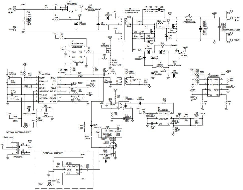 DC1317A-B, Demo Board using the LT1952EGN-1, Vin=18V to 72V, Vout=5V at 25A Single Switch Synchronous forward Controller