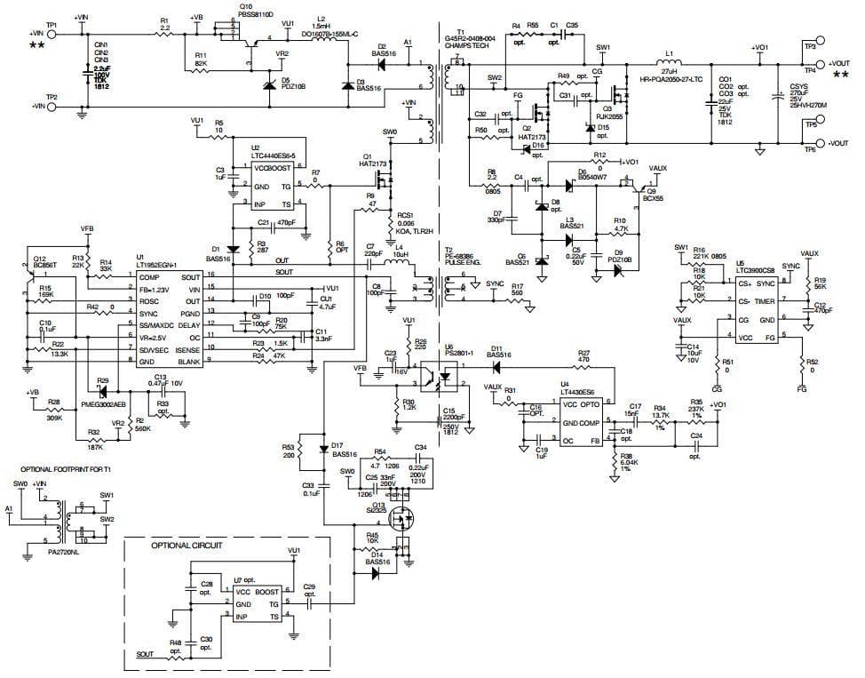 DC1317A-D, Demo Board using the LT1952EGN-1, Vin=18V to 72V, Vout=24V at 5A Single Switch Synchronous forward Controller