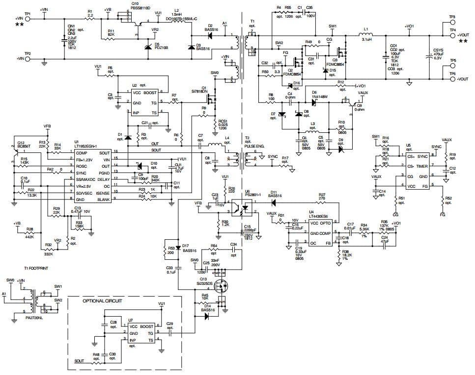 DC1317A-E, Demo Board using the LT1952EGN-1, Vin=18V to 72V, Vout=5V at 12A Single Switch Synchronous forward Controller