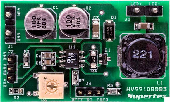 HV9910BDB3, Low-Voltage, High-Current LED Driver Demo Board with Constant Frequency Mode