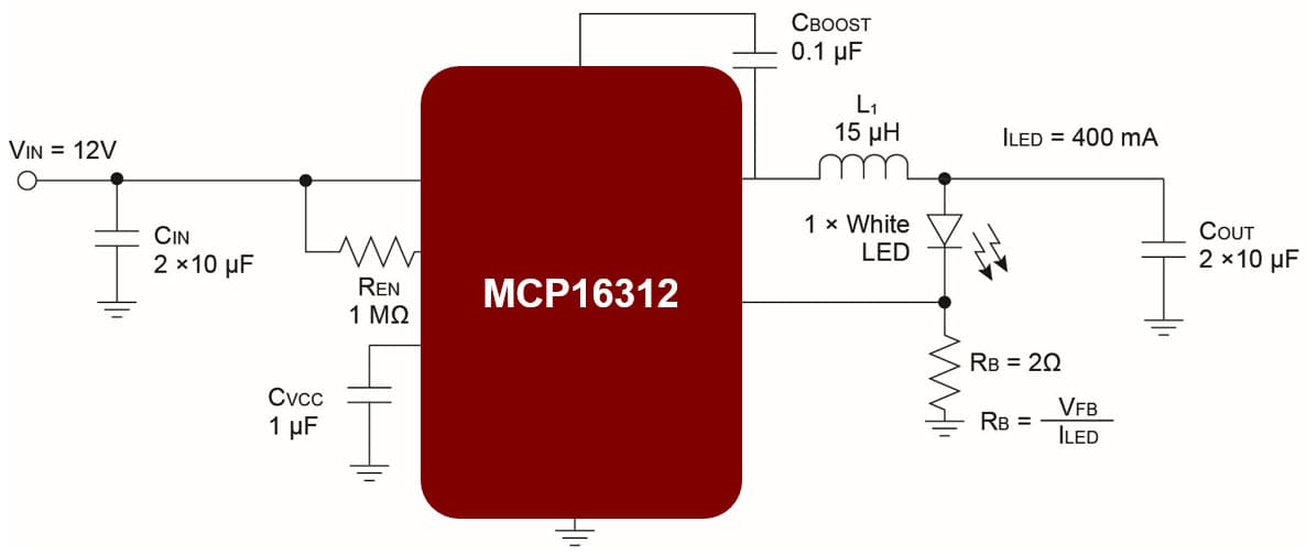 MCP16312 Buck Converter LED Drive Application Circuit