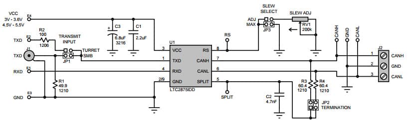 DC2063A, Demo Board Using for LTC2875 60V Fault Protected 3.3V or 5V High Speed CAN Transceiver