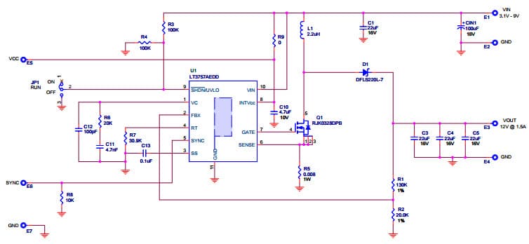 DC1547B, Boost Demo Board Using for LT3757AEDD Boost, 3.1V = VIN = 9V, VOUT = 12V @ 1.5A