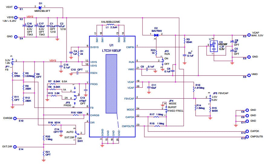 DC1964A, Demo Board Using for LTC3110 Bidirectional Buck-Boost with Supercap Charger/Balancer, 1.8V = VIN = 5.5V, 1.8V or 3.2V VBACKUP at 2A