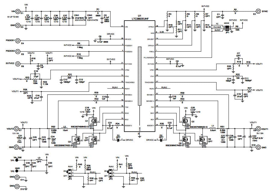 DC1998A, Demo Board Using for LTC3892EUHF Dual Sync Buck Controller, 6V = VIN = 60V, VOUT1 = 5V @ 8A, VOUT2 = 12V @ 5A