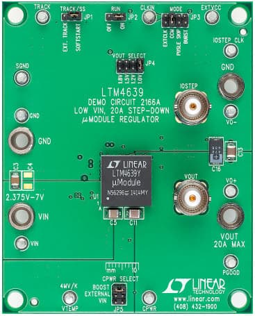 DC2166A, Demo Board Using for LTM4639 module Buck, 2.375V = VIN = 7V, Vout = 1.0V/1.2V/1.5V/1.8V @ 20A