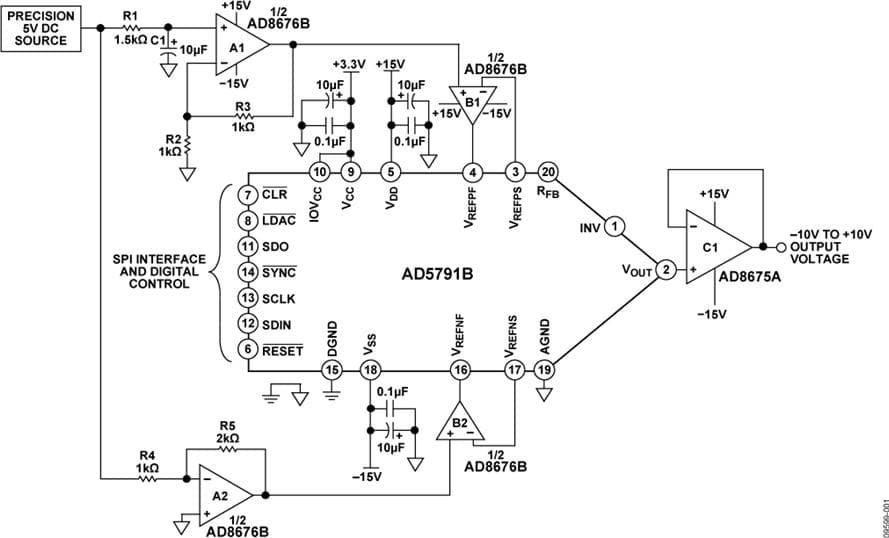 Application Circuit Using AD5791B, 20-Bit, Linear, Low Noise, Precision, Bipolar ±10V DC Voltage Source