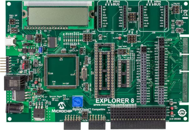 DM160228, Explorer 8 Development Board is a full-featured development board and platform for 8-bit PIC microcontrollers