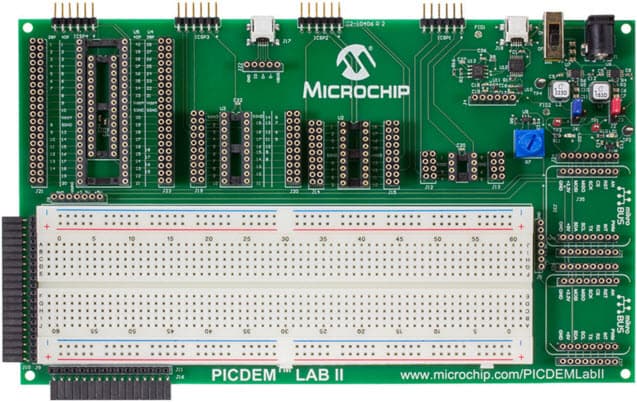 DM163046, PICDEM Lab II Development Board is a development and teaching platform for use with 8-bit PIC MCUs