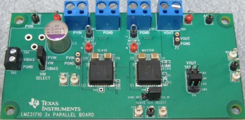 LMZ31710X2EVM, Parallel Evaluation Board is configured to parallel a 4+ LMZ31710 power supplies for increased current up to 36 A