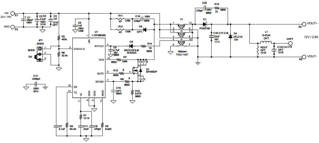 DC1694B, LT3748EMS Isolated Demo Board, 22V = VIN = 75V, VOUT = 12V at 2.5A