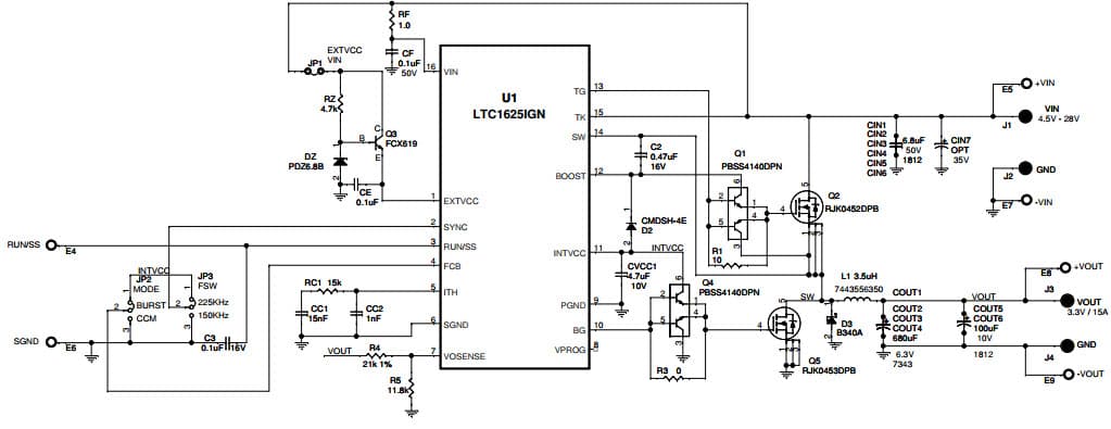 DC2008A, LTC1625IGN Demo Board, 4.5V = VIN = 28V, VOUT = 3.3V at 15A