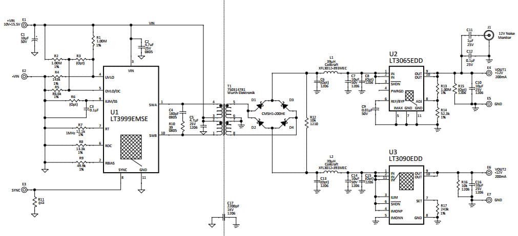 DC2049A, LT3999EMSE Isolated Demo Board, Dual Output Push-Pull Transformer Driver, 10V = VIN = 15.5V, VOUT = ±12V at 0.2A