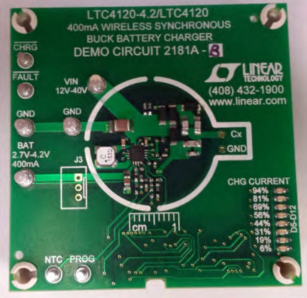 DC2181A-B, LTC4120EUD Demo Board, Wireless Power Transfer, 400mA Buck Battery Charger, Adj Output