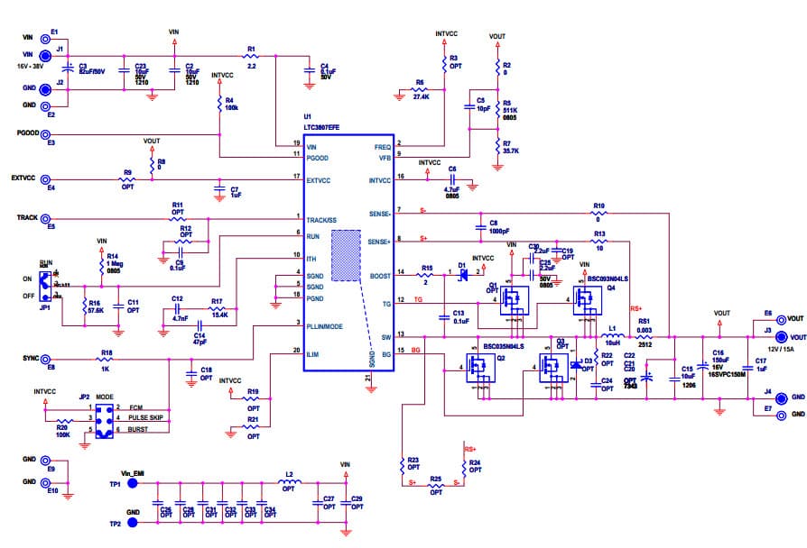 DC2221A, LTC3807EFE Demo Board, 16V = VIN = 38V, VOUT = 12V at 15A