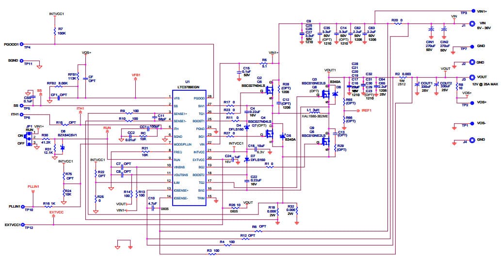 DC2253A, LTC3789EGN Demo Board, 6V = VIN = 36V, VOUT = 12V at 25A