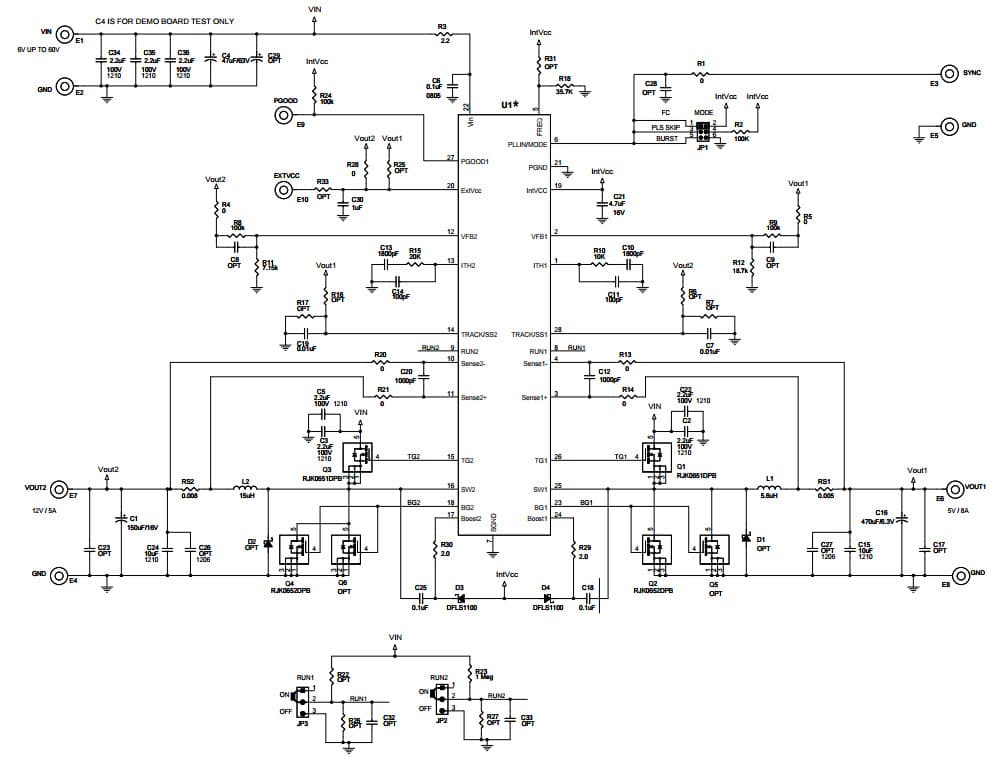 DC2299A-B, LTC3890EGN-1 Demo Board, 6V = VIN = 60V, VOUT1 = 5V at 8A, VOUT2 = 12V at 5A