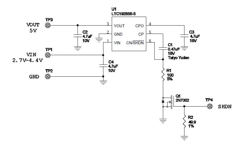 DC353A, Demo Board for LTC1928ES6-5, Low Noise Boost DC/DC Converter, 2.7V to 4.4V Input, 5Vout at 30mA