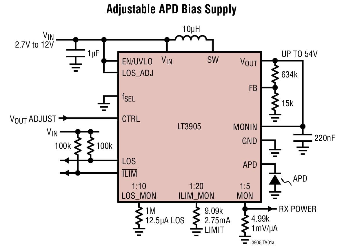 Typical Application for LT3905 - Boost DC/DC Converter with APD Current Monitor