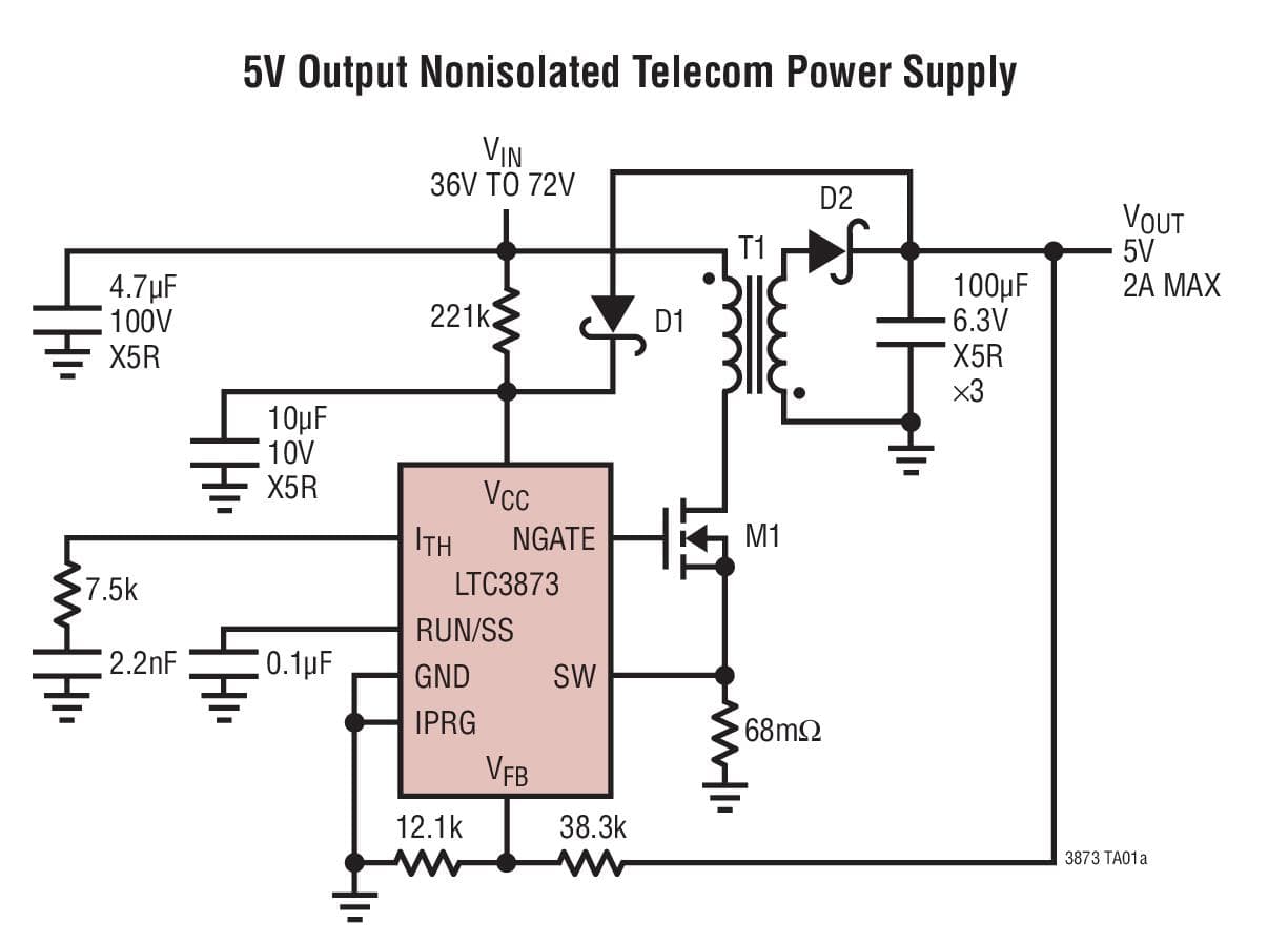 Typical Application for LTC3873 - No RSENSE Constant Frequency Current Mode Boost/Flyback/SEPIC DC/DC Controller