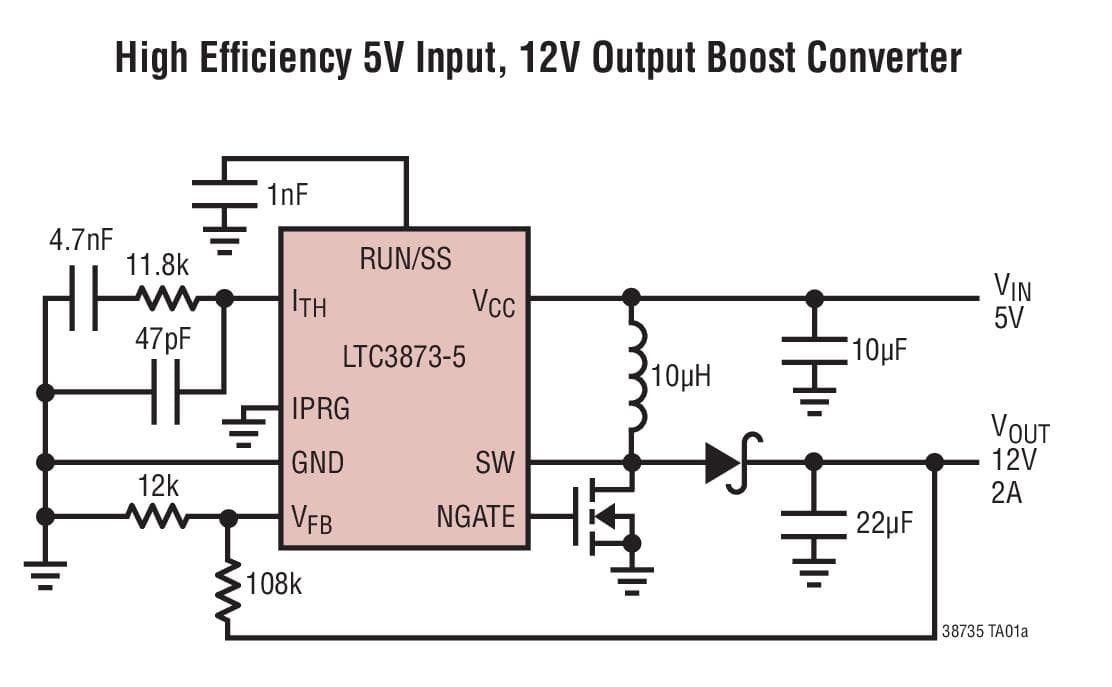 Typical Application for LTC3873-5 - No RSENSE Constant Frequency Current Mode Boost/Flyback/SEPIC DC/DC Controller