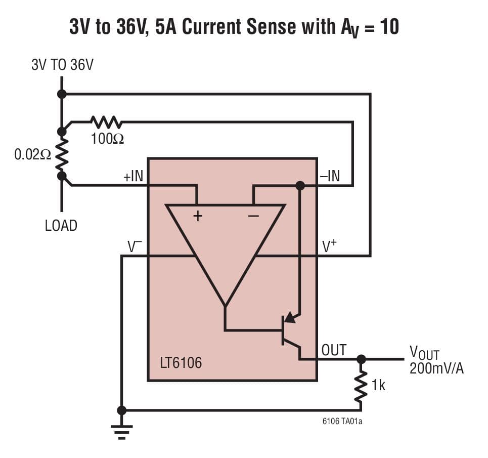 Typical Application for LT6106 - Low Cost, 36V High Side Current Sense Amplifier