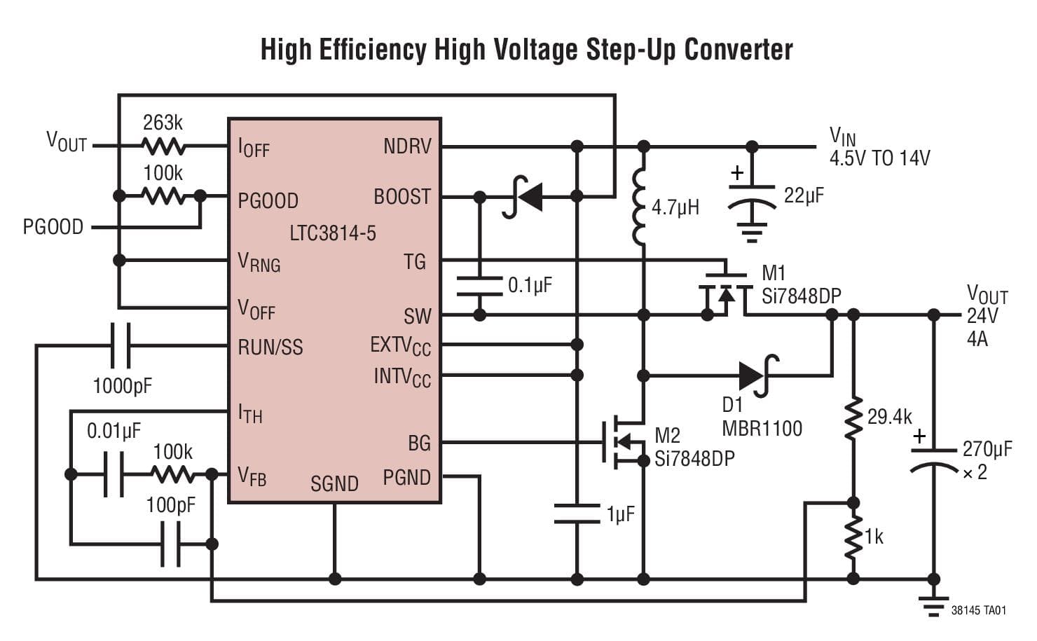 Typical Application for LTC3814-5 - 60V Current Mode Synchronous Step-Up Controller