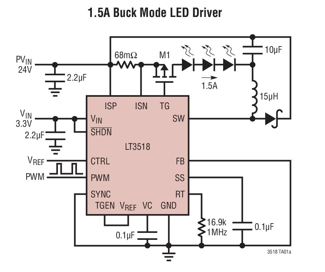 Typical Application for LT3518 Full-Featured LED Driver with 2.3A Switch Current