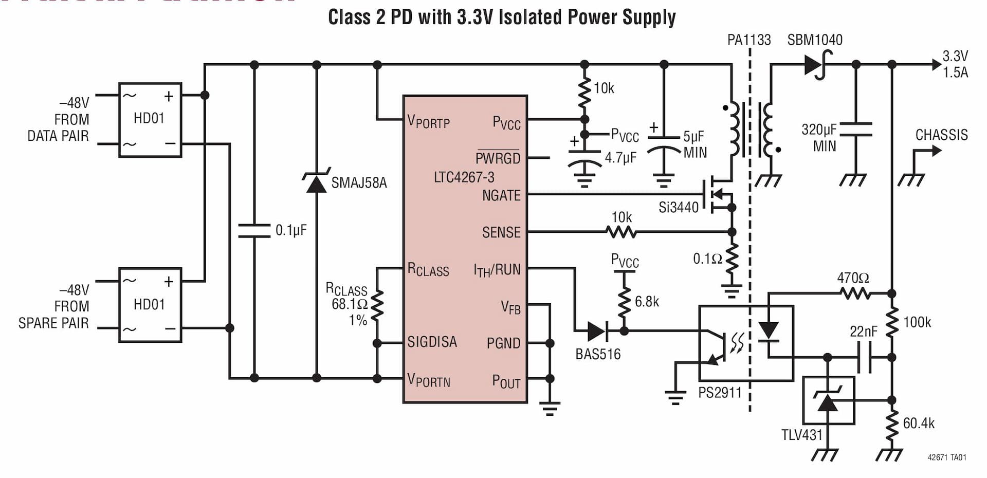 Typical Application for LTC4267-3 - Power over Ethernet IEEE 802.3af PD Interface with Integrated 300kHz Switching Regulator