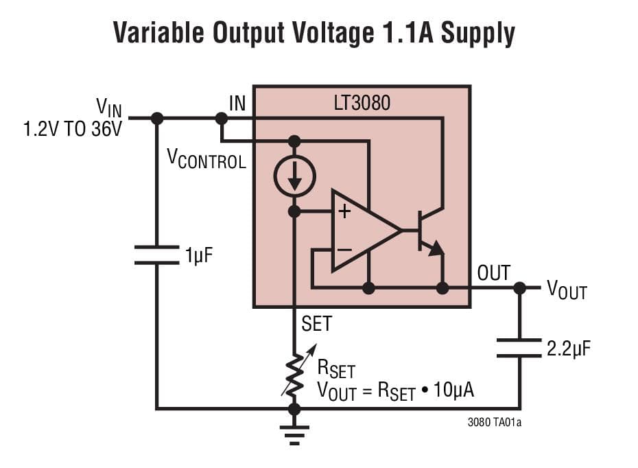 Typical Application for LT3080 - Adjustable 1.1A Single Resistor Low Dropout Regulator