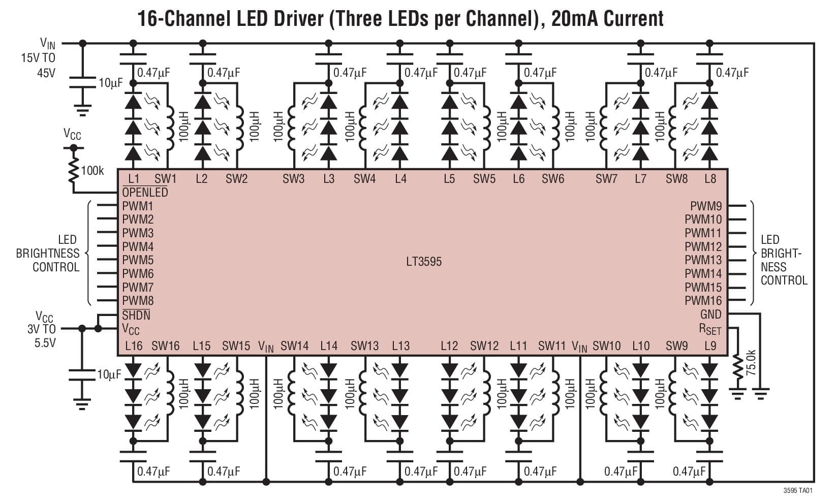 Typical Application for LT3595 16-Channel Buck Mode LED Driver