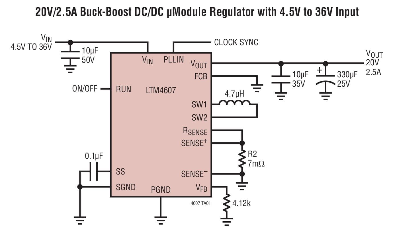 Typical Application for LTM4607 - 36Vin, 24Vout High Efficiency Buck-Boost DC/DC module