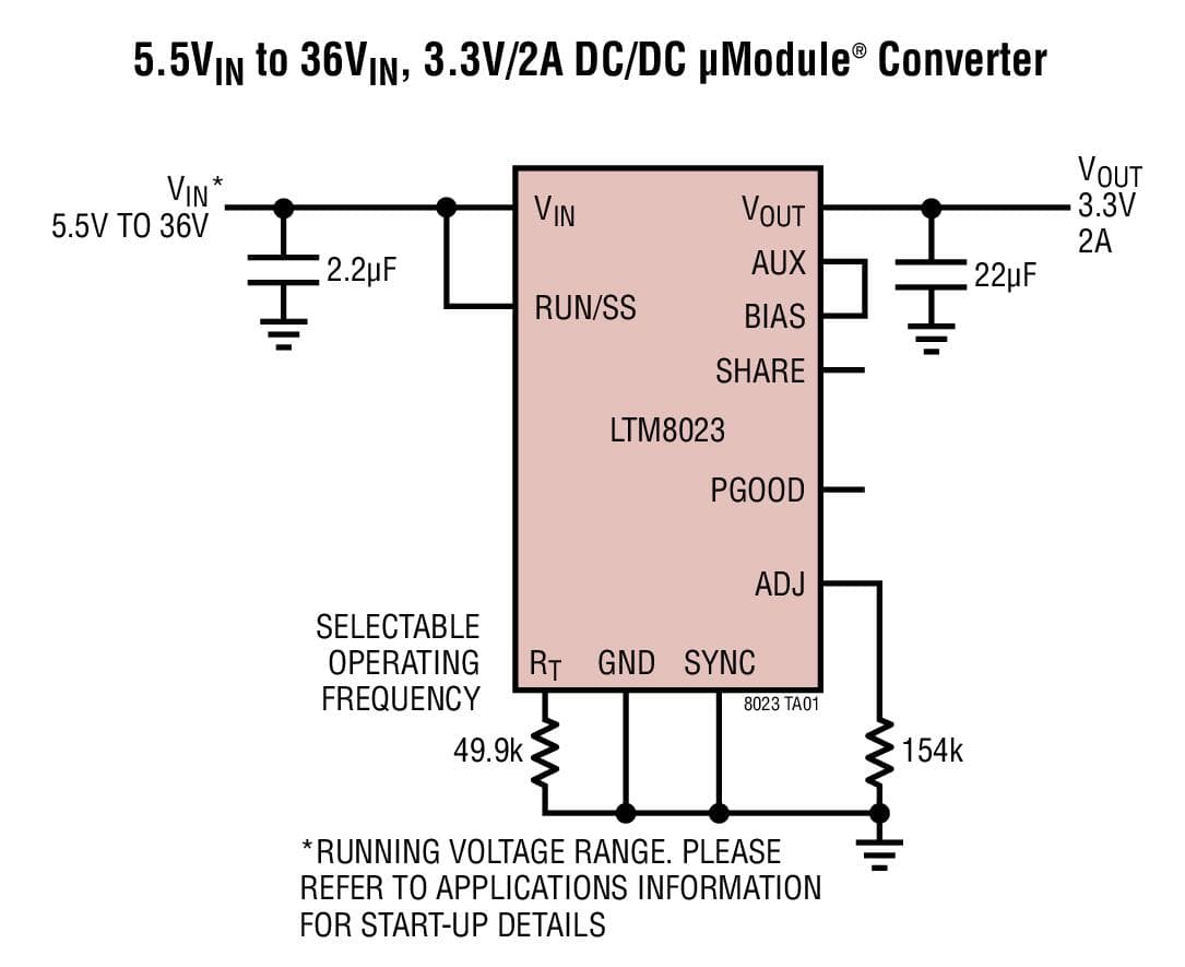 Typical Application for LTM8023 - 2A, 36V DC/DC Step-Down module Regulator