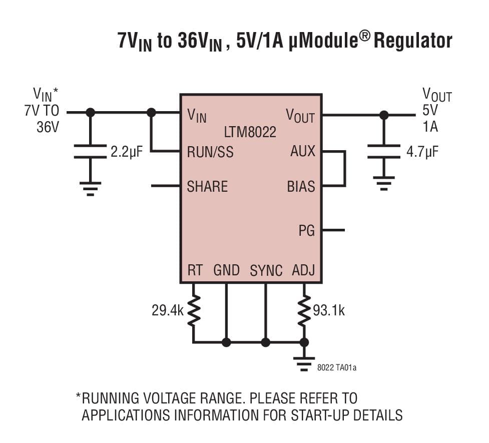 Typical Application for LTM8022 - 1A, 36V DC/DC module