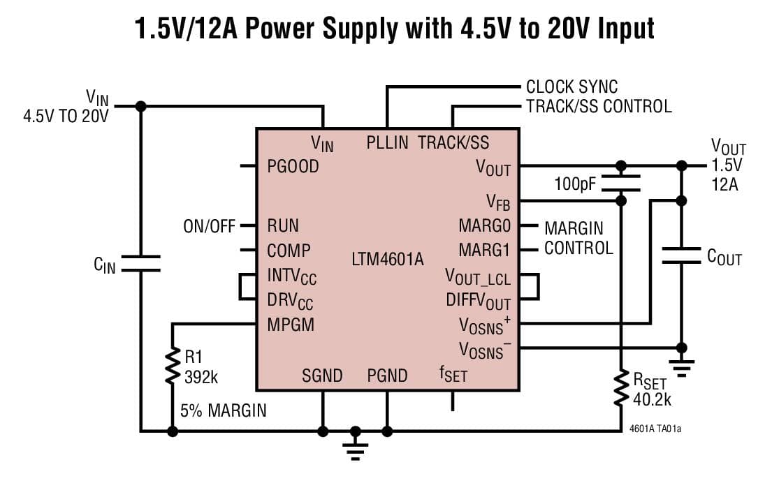 Typical Application for LTM4601A/LTM4601A-1 - 12A module Regulators with PLL, Output Tracking and Margining