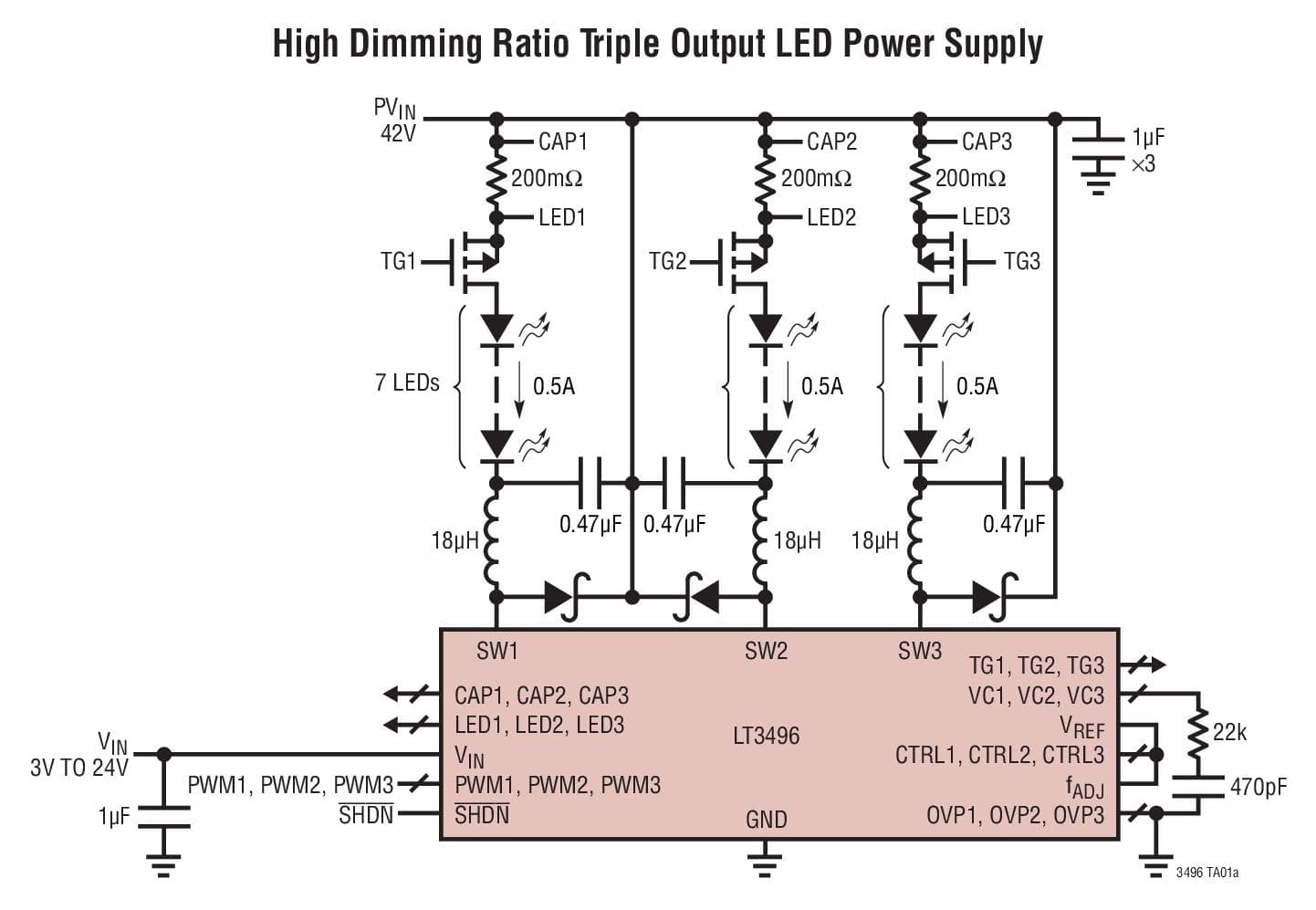 Typical Application for LT3496 Triple Output LED Driver