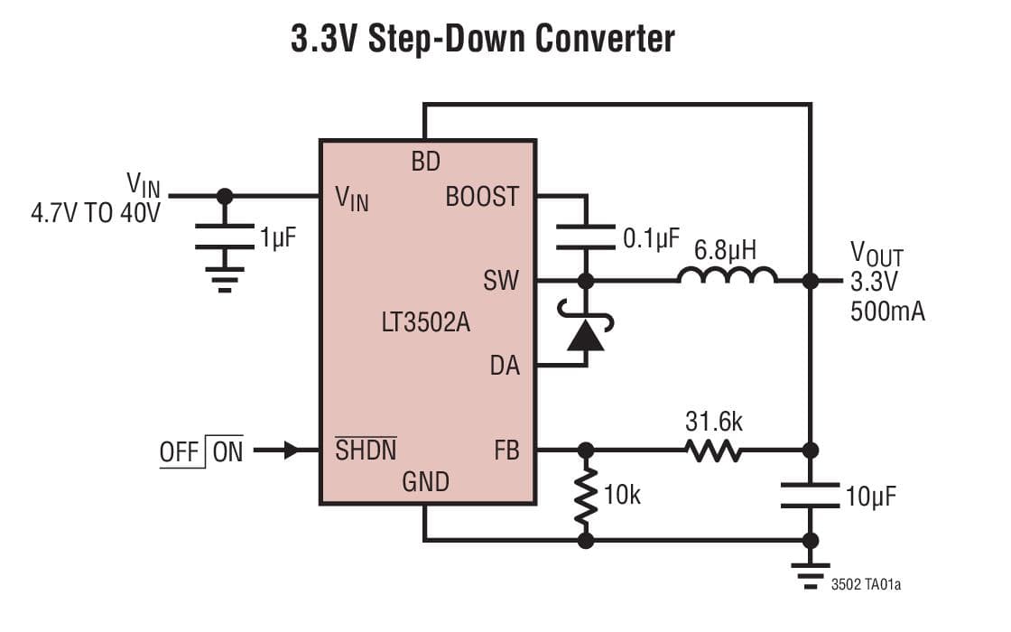 Typical Application for LT3502/LT3502A - 1.1MHz/2.2MHz, 500mA Step-Down Regulators in 2mm -2mm DFN and MS10