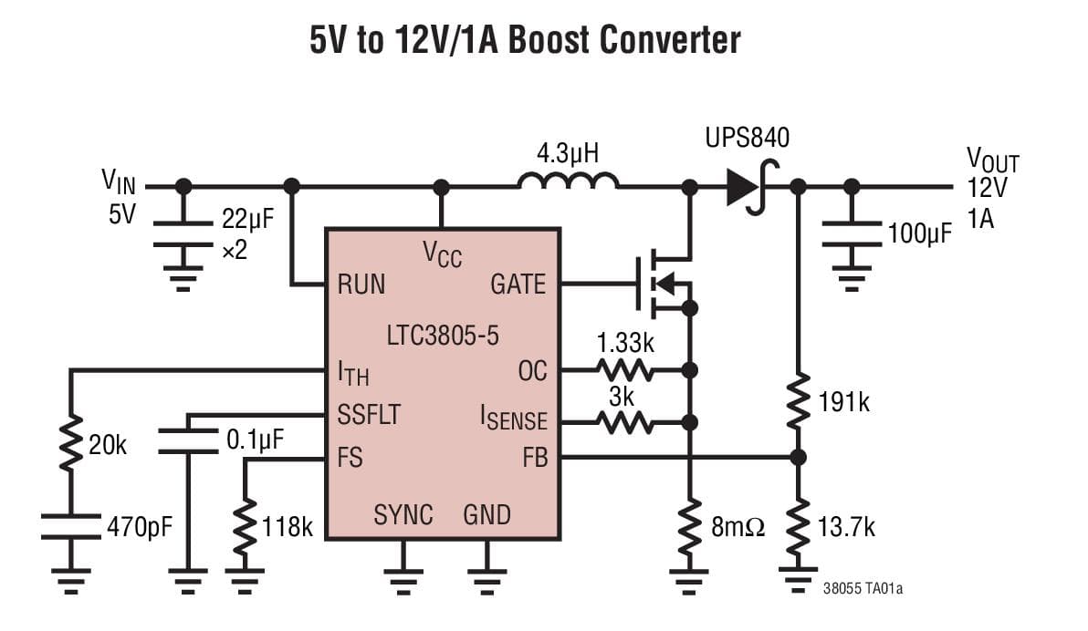 Typical Application for LTC3805-5 - Adjustable Frequency Current Mode Flyback/ Boost/SEPIC DC/DC Controller