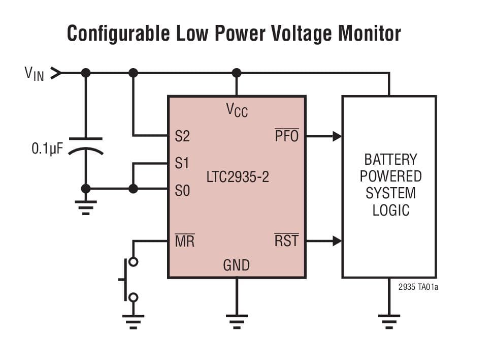 Typical Application for LTC2935 - Ultra-Low Power Supervisor with Power-Fail Output, Selectable Thresholds