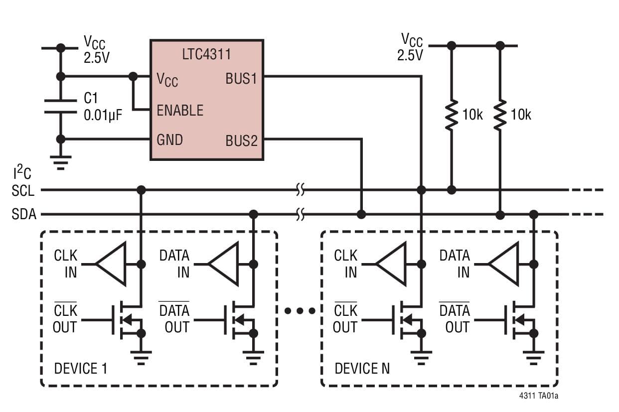 Typical Application for LTC4311 - Low Voltage I2C/SMBus Accelerator