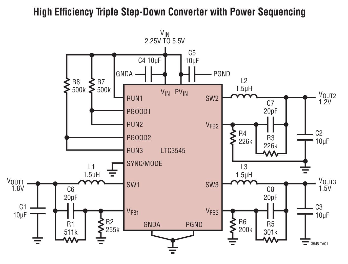 Typical Application for LTC3545/LTC3545-1 - Triple 800mA Synchronous Step-Down Regulator - 2.25MHz