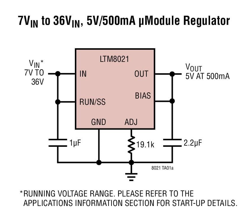 Typical Application for LTM8021 - 36VIN, 500mA Step-Down DC/DC module