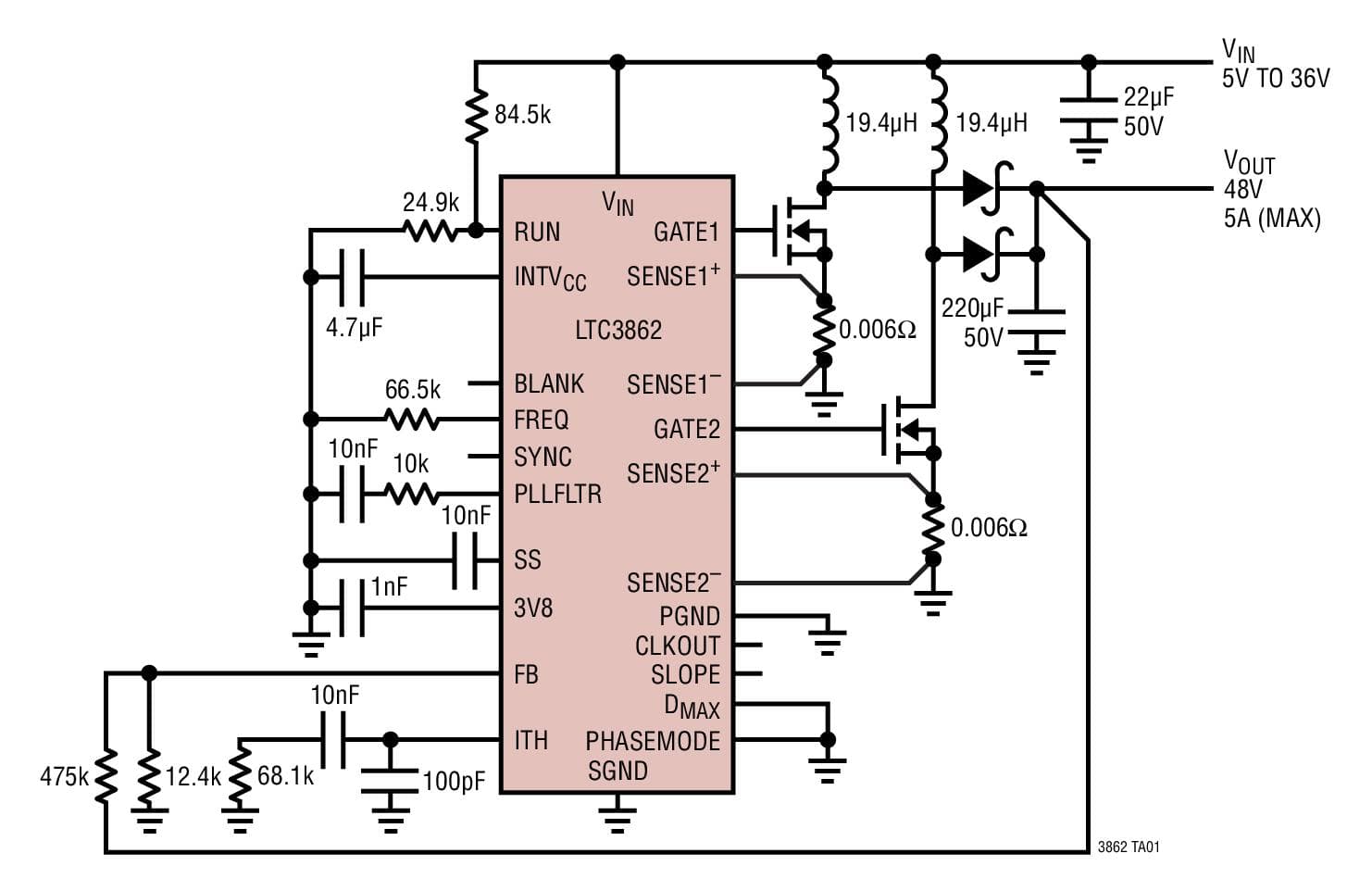 Typical Application for LTC3862 - Multi-Phase Current Mode Step-Up DC/DC Controller