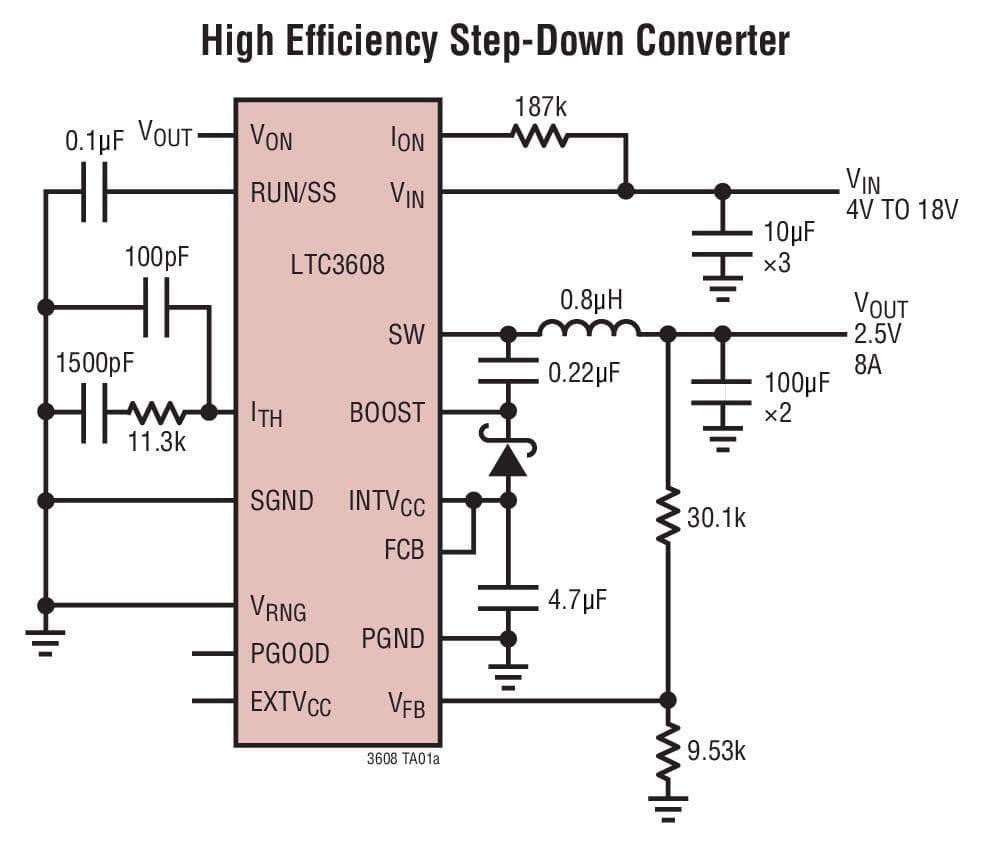 Typical Application for LTC3608 - 18V, 8A Monolithic Synchronous Step-Down DC/DC Converter