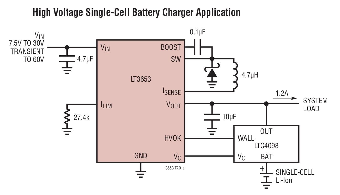 Typical Application for LT3653 - 1.2A, HV Input Regulator with Output Current Limit for Battery Charger Applications