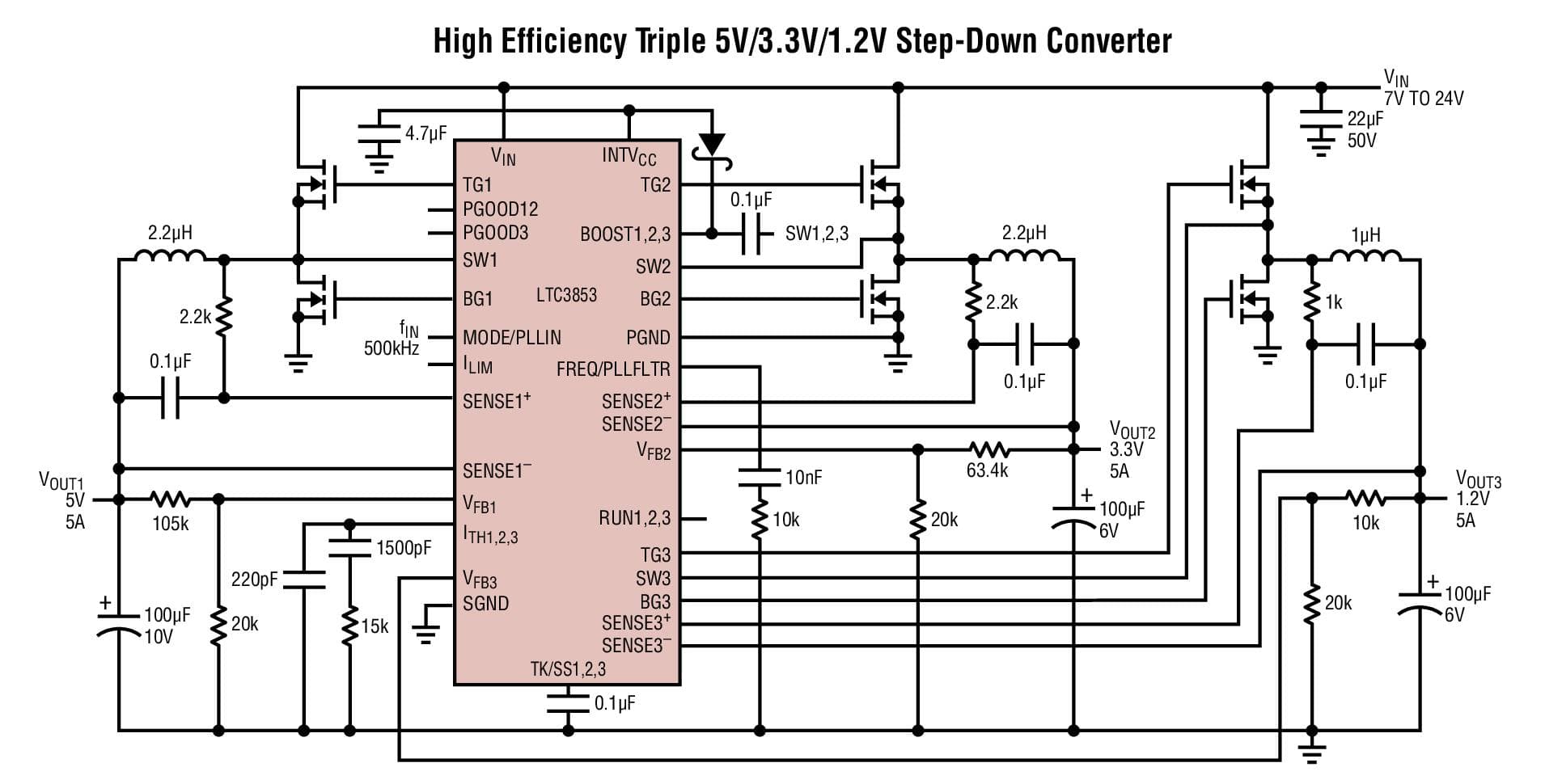 Typical Application for LTC3853 - Triple Output, Multiphase Synchronous Step-Down Controller