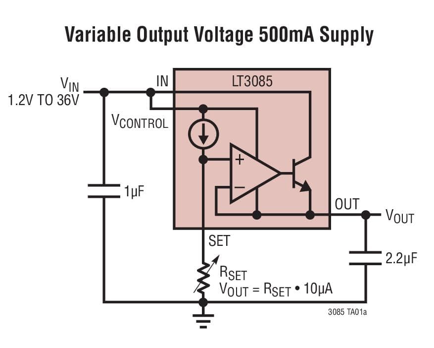 Typical Application for LT3085 - Adjustable 500mA Single Resistor Low Dropout Regulator