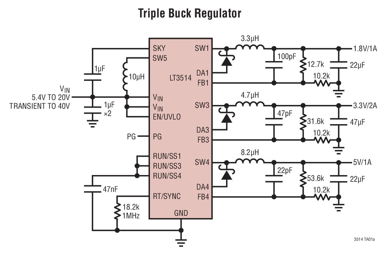 Typical Application for LT3514 - Triple Step-Down Switching Regulator with 100% Duty Cycle Operation