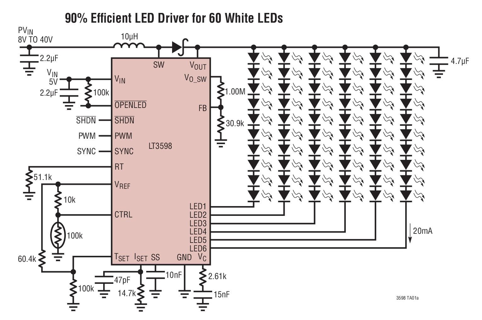 Typical Application for LT3598 90% Efficient LED Driver for 60 White LEDs